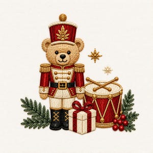 Puede incluir: Un parche bordado que muestra un oso de peluche beige vestido de cascanueces con uniforme rojo y blanco con detalles dorados, junto a un tambor rojo, una caja de regalo blanca con lazo rojo, ramas de pino, bayas rojas y estrellas doradas.