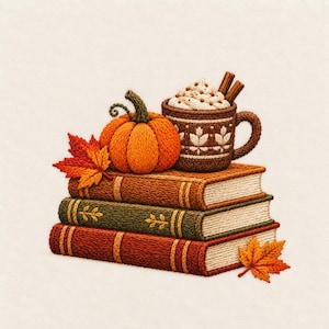 Autumn Book Stack Machine Embroidery Design, Pumpkin Spice Mug Fall Books and Leaves Cozy Reading Embroidery Pattern