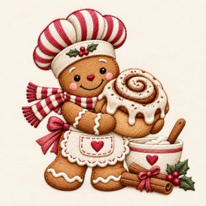 May include: A gingerbread character wearing a red and white striped chef hat and scarf, holding a large frosted cinnamon roll. The figure wears a white apron with a red heart pocket, standing next to a mixing bowl and tied cinnamon sticks.