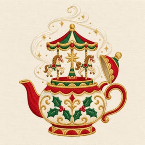 Puede incluir: Un diseño bordado de una tetera con un carrusel encima. La tetera es de color crema, rojo y verde con motivos de hojas de acebo y bayas. El carrusel presenta dos caballos, un techo rojo y verde y detalles dorados. Vapor arremolinado y estrellas.