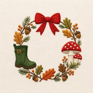 May include: An embroidered wreath featuring a large red bow at the top, a green rain boot on the left, and two red and white mushrooms on the right. The circular arrangement includes brown acorns, orange berries, and various green and orange oak leaves.