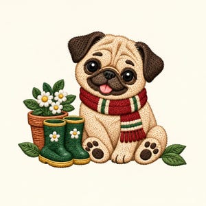 May include: An embroidered illustration of a tan pug with dark ears wearing a red, white, and green striped scarf. Beside the pug are two green rain boots with white flower accents and a terracotta pot containing white daisy-like flowers.