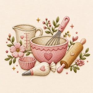 Könnte beinhalten: Ein Stickmotiv mit einem cremefarbenen Messbecher, einer rosa Rührschüssel mit Herz, einem Schneebesen, einem hölzernen Nudelholz, einer rosa Cupcake-Form und einem Spritzbeutel. Das Arrangement ist mit rosa Blumen, grünen Blättern und Sternen verziert.
