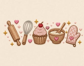 Baking Kitchen Embroidery Design, Cupcake Mixer Rolling Pin Oven Mitt, Sweet Bakery Machine Embroidery File, Baking Lover Gift
