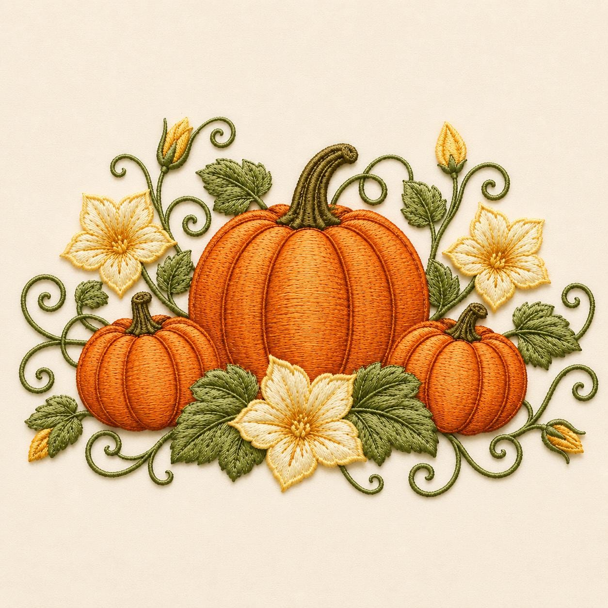 Pumpkin Floral Embroidery Design, Fall Harvest Machine Embroidery File, Autumn Vine Thanksgiving Pattern