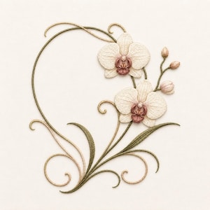Puede incluir: Un diseño floral bordado con dos orquídeas blancas con centros granates y capullos. Las flores están dispuestas dentro de un marco decorativo de hilo verde y beige, con acentos arremolinados y hojas, todo sobre un fondo crema.