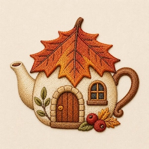 May include: An embroidered patch shaped like a teapot house. The roof is a large orange and brown maple leaf. The body is cream-colored with a brown arched door, a small window, a green leafy branch, and red berries near the brown handle.