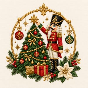 Puede incluir: Un diseño bordado que muestra a un cascanueces con uniforme rojo y negro colocando una estrella dorada en un árbol de Navidad decorado. La escena está enmarcada por un borde dorado con adornos colgantes, flores de pascua y ramas de pino.