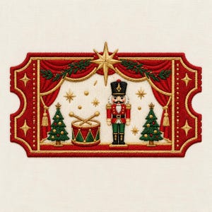 Può includere: Una toppa ricamata a forma di biglietto con bordo rosso e finiture dorate. Il design presenta uno schiaccianoci, un tamburo con bacchette e due alberi di Natale sotto una stella dorata e tende rosse su uno sfondo color crema.