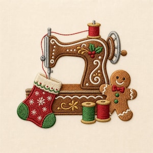 May include: An embroidery design featuring a brown gingerbread-style sewing machine with white icing details, holly accents, and a red thread spool. A red Christmas stocking with white snowflakes, a gingerbread person, and two thread spools.