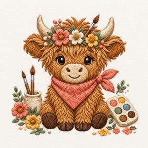Puede incluir: Una ilustración bordada de un ternero Highland marrón y esponjoso que lleva un pañuelo color coral y una corona de flores. El ternero está rodeado por dos pinceles en un soporte, una paleta de acuarelas de seis colores y pequeñas flores bordadas.