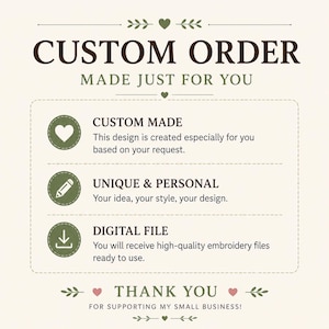 Può includere: Un grafico informativo color crema con testo marrone scuro che recita CUSTOM ORDER MADE JUST FOR YOU. Presenta tre icone circolari con un cuore, una matita e una freccia di download, seguite dal testo THANK YOU FOR SUPPORTING MY SMALL BUSINESS.