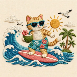May include: An embroidered patch featuring a ginger tabby cat wearing blue sunglasses and floral swim trunks, surfing on a red surfboard. The cat holds a green coconut drink with a straw. The scene includes blue ocean waves, a yellow sun, palm trees, and seagulls.