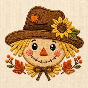 Pode incluir: Um rosto de espantalho bordado usando um chapéu castanho com um girassol amarelo e um remendo. O espantalho tem cabelo de palha amarelo, bochechas rosadas, um nariz triangular laranja e um sorriso costurado. Dois ramos de folhas e bagas de outono.