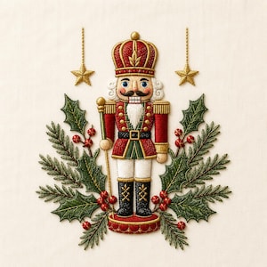 Puede incluir: Una figura de cascanueces bordada que viste un uniforme rojo y dorado con corona, de pie sobre una base circular. La figura está flanqueada por hojas de acebo verdes con bayas rojas y dos estrellas doradas bordadas que cuelgan arriba.