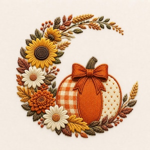 Patchwork pompoen bloemenborduurpatroon, zonnebloem madeliefje herfstpompoen met strik machineborduurbestand
