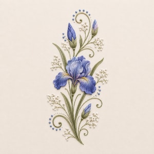 Puede incluir: Un diseño de bordado detallado que presenta una flor de iris azul central con acentos amarillos, rodeada de tallos verdes, hojas, pequeños racimos de flores blancas y cuentas azules diminutas en una composición botánica vertical.