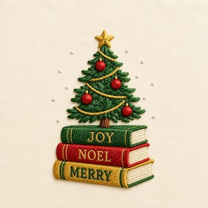 May include: An embroidered design featuring a green Christmas tree with a gold star, red ornaments, and gold garland, resting on a stack of three books. The books are green, red, and gold, with the words JOY, NOEL, and MERRY stitched on their spines.