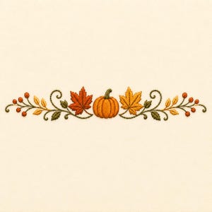 May include: An embroidery design featuring a central orange pumpkin flanked by two large maple leaves in shades of orange and yellow. The design includes symmetrical scrolling vines with smaller green leaves and clusters of small orange berries.