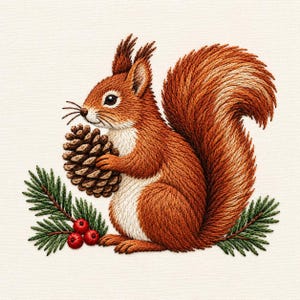 May include: An embroidery art piece featuring a ginger squirrel with a large bushy tail holding a brown pinecone. The squirrel has white fur on its chest and face, and is positioned above green pine needles with three small red berries.
