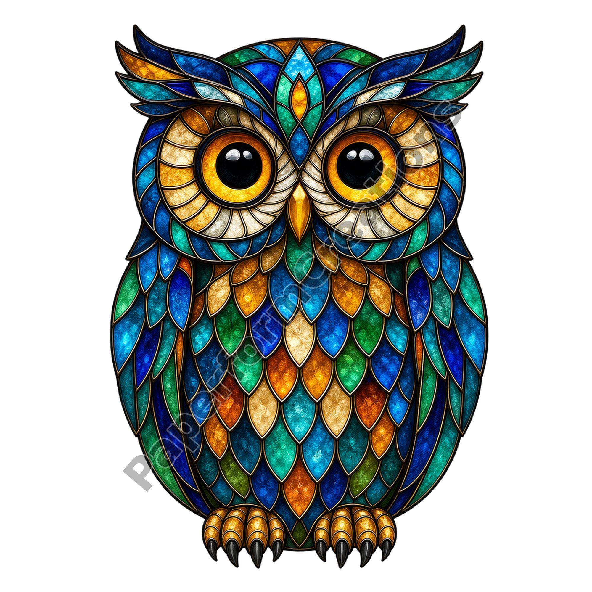 Stained Glass Owl Clipart Bundle, 10 PNG Sublimation Designs, Mystical Bird Transparent Background, 
