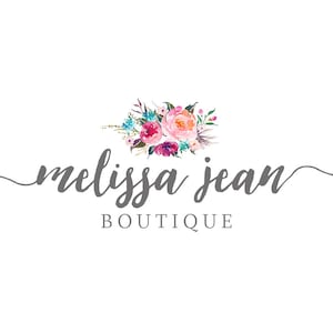 May include: A logo for a boutique called "melissa jean" with a watercolor floral design in shades of pink, purple, blue, and green.