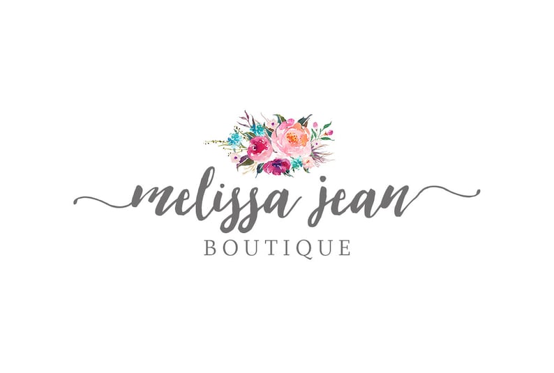 May include: A logo for a boutique called "melissa jean" with a watercolor floral design in shades of pink, purple, blue, and green.
