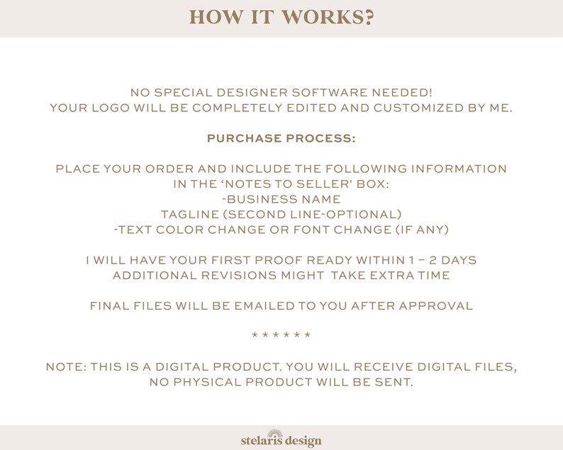 May include: A description of the purchase process for a digital product, with the text "HOW IT WORKS?" at the top. The text explains that no special designer software is needed and that the logo will be completely edited and customised by the seller. The text also explains the purchase process, which includes placing an order and including the business name, tagline, and any text colour or font changes in the "Notes to Seller" box. The text also explains that the first proof will be ready within 1-2 days and that additional revisions might take extra time. The text also explains that the final files will be emailed after approval. The text also explains that this is a digital product and that no physical product will be sent. The text also includes the text "stelaris design" at the bottom.