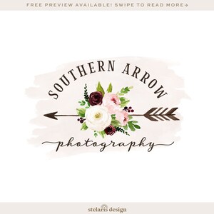 Photography Logo and Watermark, Premade Watercolor Floral Bouquet Logo Design, Arrow Logo, Southern Logo  444
