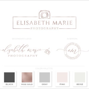 May include: A logo design for a photography business called "Elisabeth Marie Photography". The logo features a camera icon, the business name, and the tagline "Photography". The logo is in a rose gold color and is set against a white background. The secondary logo features the name "elizabeth marie" in cursive script with a camera icon. The submark logo features the initials "em" in a circle with the business name and the word "Photography". The color palette includes black, rose gold, gray, pink, and beige.