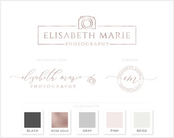 Premade Branding Package, Photography Branding Kit, Rose Gold Camera Logo, Logo Set, Logo Package bp124