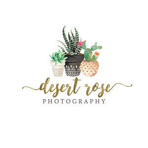 Cactus logo design, Premade succulent in pot logo with gold foil script font, photography logo and watermark 375