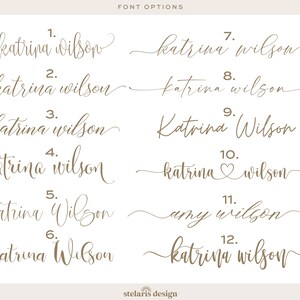 May include: Twelve different font options for the name "katrina wilson" in a brown colour. The fonts range from script to more formal styles.