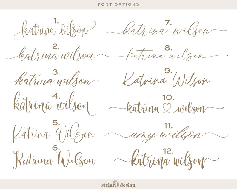 May include: Twelve different font options for the name "katrina wilson" in a brown colour. The fonts range from script to more formal styles.