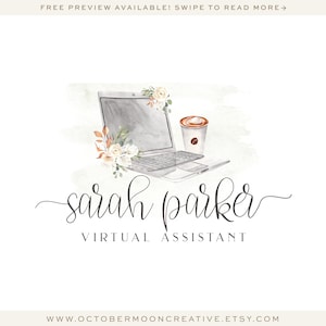 Könnte beinhalten: Eine Aquarell-Illustration eines Laptops, einer Tasse Kaffee und floralen Akzenten. Der Text "sarah parker VIRTUAL ASSISTANT" befindet sich unter dem Bild. Die Website-Adresse "www.octobermooncreative.etsy.com" befindet sich am unteren Rand des Bildes.