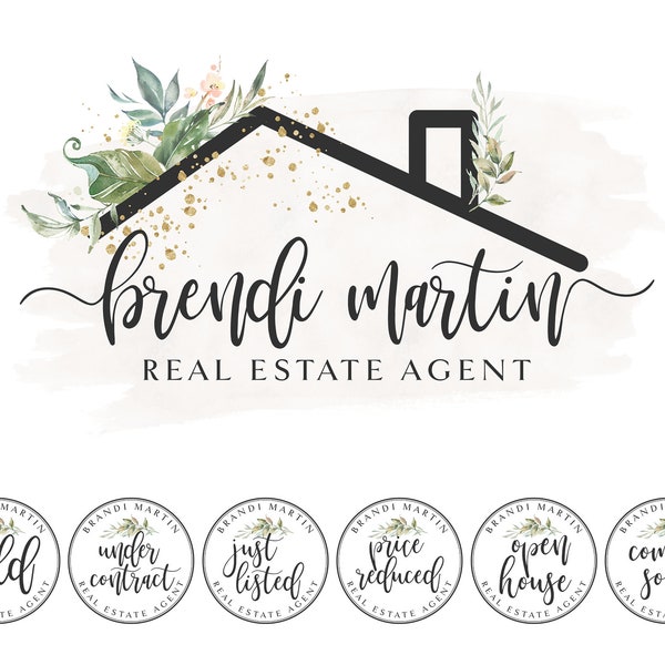 Real Estate Logo Design, Real Estate Branding, Realtor Logo and Badges, Floral House Roof Logo with Stamps for Watermarking 526