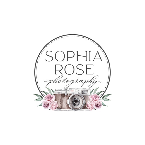 Premade Photography Logo and Watermark,  Watercolor Floral Roses Camera Logo 270