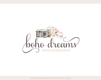 Premade Photography Logo and Watermark,  Watercolor Dreamcatcher Bohemian Feather Camera Logo 268