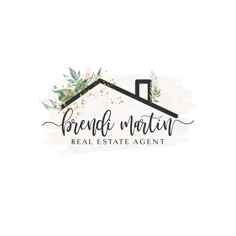 May include: A logo for a real estate agent, featuring a black house outline with floral accents and gold flecks. The name "Bendi Martin" is written in elegant script, with "REAL ESTATE AGENT" below.