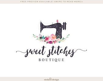 Sewing logo, floral sewing machine logo, seamstress logo, floral logo, boutique logo 229
