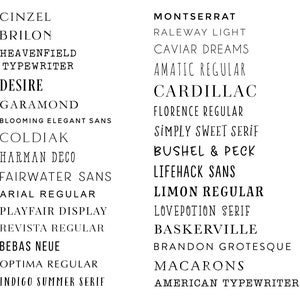 May include: A list of font names in black text on a white background. The font names are arranged in two columns. The fonts are categorized by name and style, such as Cinzel, Brilon, Heavenfield Typewriter, Desire, Garamond, Blooming Elegant Sans, Coldiak, Harman Deco, Fairwater Sans, Arial Regular, Playfair Display, Revista Regular, Bebas Neue, Optima Regular, Indigo Summer Serif, Montserrat, Raleway Light, Caviar Dreams, Amatic Regular, Cardillac, Florence Regular, Simply Sweet Serif, Bushel & Peck, Lifehack Sans, Limon Regular, Lovepotion Serif, Baskerville, Brandon Grotesque, Macarons, and American Typewriter.