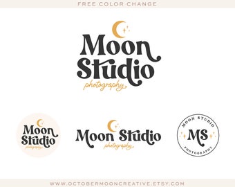 Moon and Stars Boho Premade Logo Design, Celestial Crescent Moon Logo, Retro Vintage Moon Logo, Childrens Boutique Logo bp174