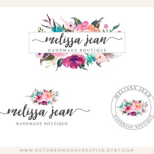 May include: A watercolor logo design featuring a floral arrangement with pink, purple, and blue flowers. The text "melissa jean handmade boutique" is displayed in a handwritten font.