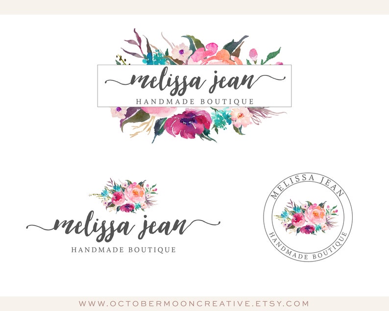 May include: A watercolor logo design featuring a floral arrangement with pink, purple, and blue flowers. The text "melissa jean handmade boutique" is displayed in a handwritten font.