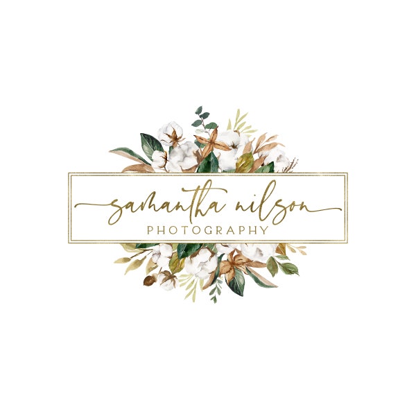 Premade Photography and Watermark Logo Design, Gold  Logo, Watercolor Floral Frame Logo, Magnolia & Cotton Logo 533