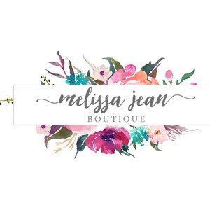 May include: A watercolor floral design with pink, purple, and blue flowers. The text "melissa jean BOUTIQUE" is in a gray font.