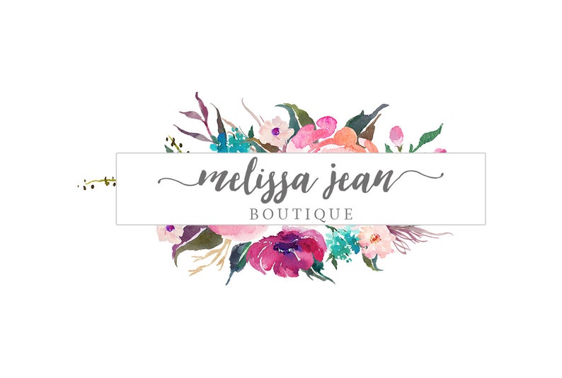 May include: A watercolor floral design with pink, purple, and blue flowers. The text "melissa jean BOUTIQUE" is in a gray font.