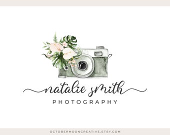 Photography Logo Design, Photography Watermark, Floral Camera Logo, Tropical Bouquet Logo, Premade Photo Logo, Vintage Camera Logo 616