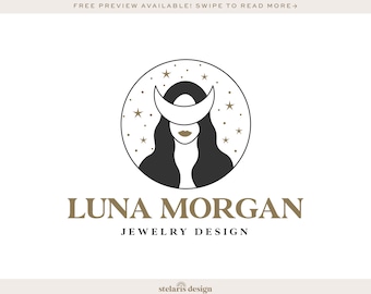 Moon Stars Woman Logo, Moon Phase Logo, Crescent Logo, Hand Drawn Logo, Mystic Logo, Magic Logo, Tarot Logo, Witch Logo 566