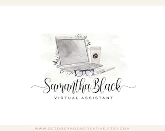 Laptop Logo Design, Virtual Assistant Logo, Author Logo, Watercolor Copywriter Logo, Editor Logo, Writing Assistant Logo, Writer Logo,  605